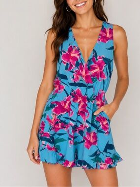 Show Me Your Mumu Riri Floral Romper | Blue Tropical Lily Surplice Ruffle Hem